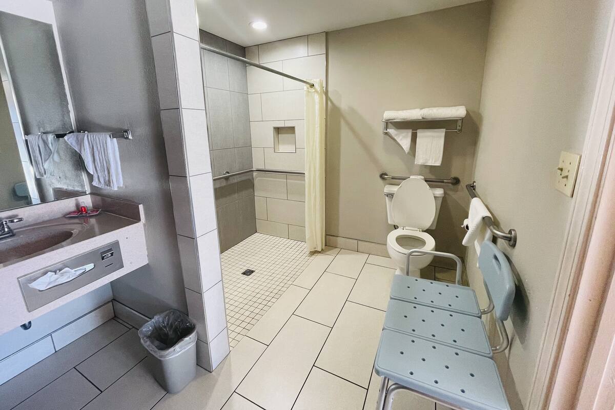 A modern bathroom with a shower, toilet, and sink.