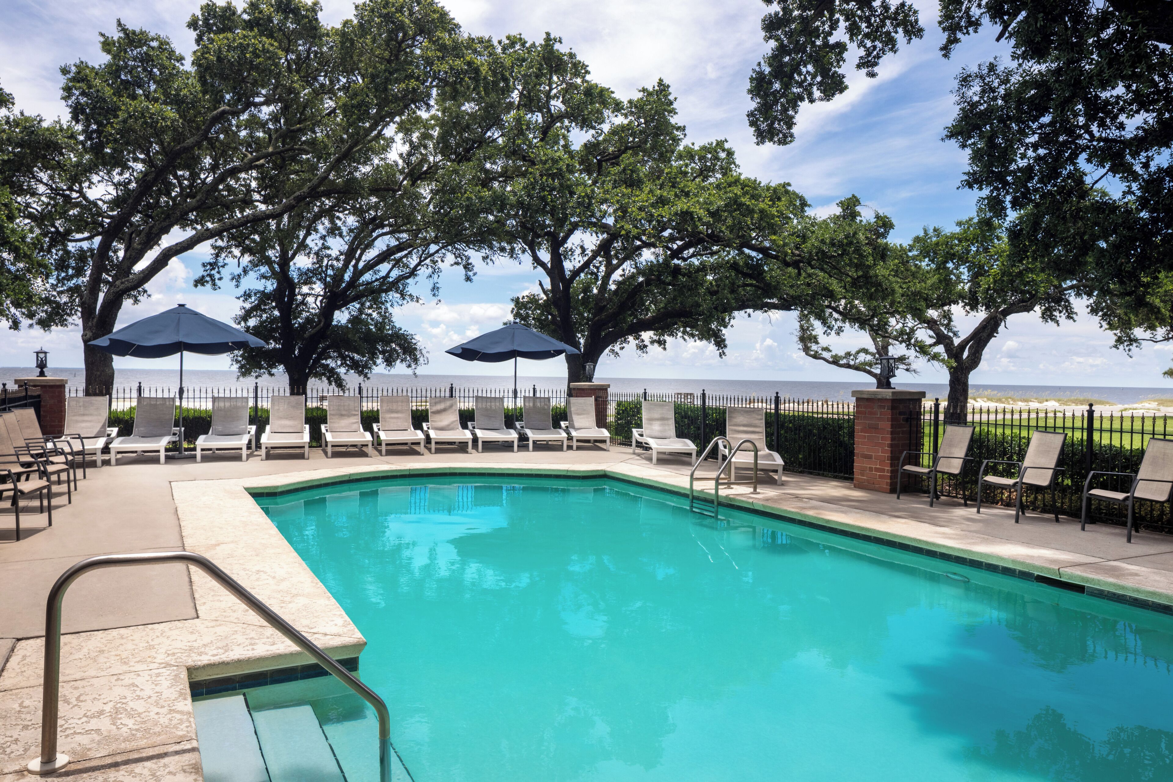 outdoor pool, pool loungers