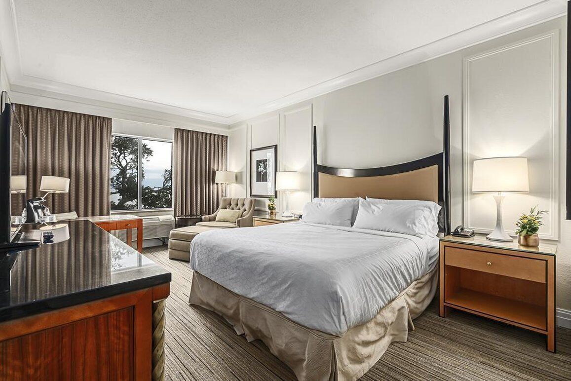 Desk, laptop workspace, blackout curtains, iron/ironing board