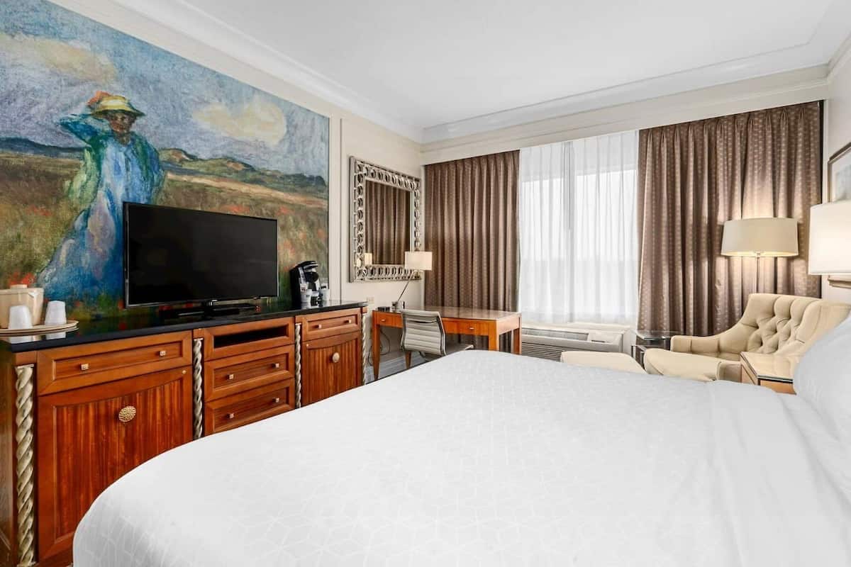 A hotel room with a large bed, a desk with a chair, a television, a painting, and a view of the outdoors.