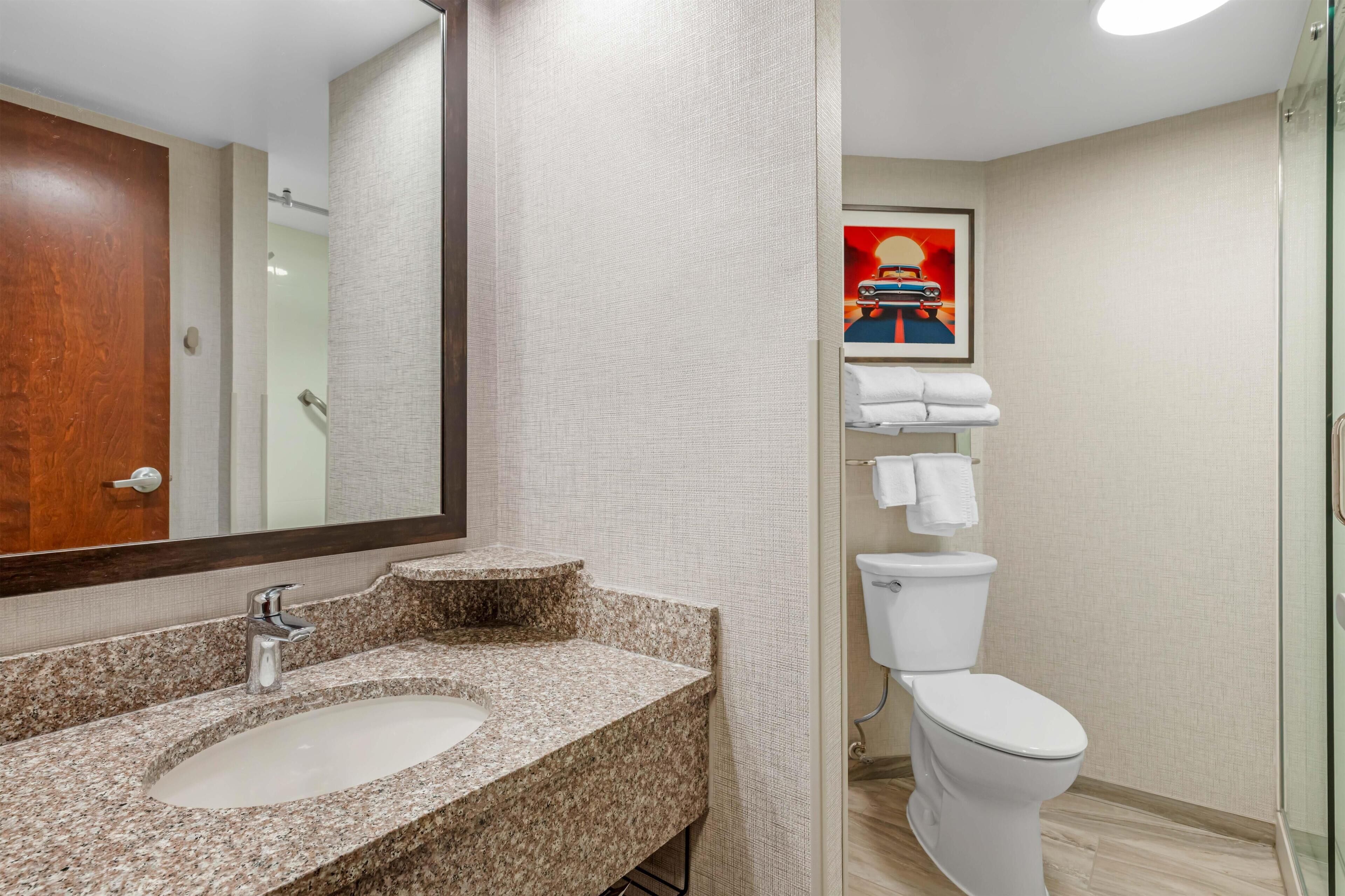 Combined shower/bathtub, free toiletries, hair dryer, towels