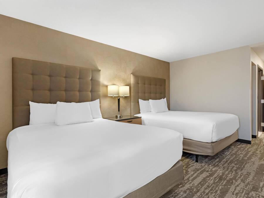 A hotel room with two beds, a large headboard, a nightstand with a lamp, and a carpeted floor.