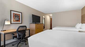 Desk, laptop workspace, blackout curtains, iron/ironing board