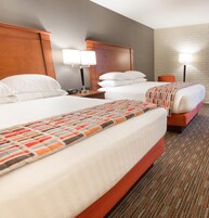 Desk, laptop workspace, blackout drapes, iron/ironing board