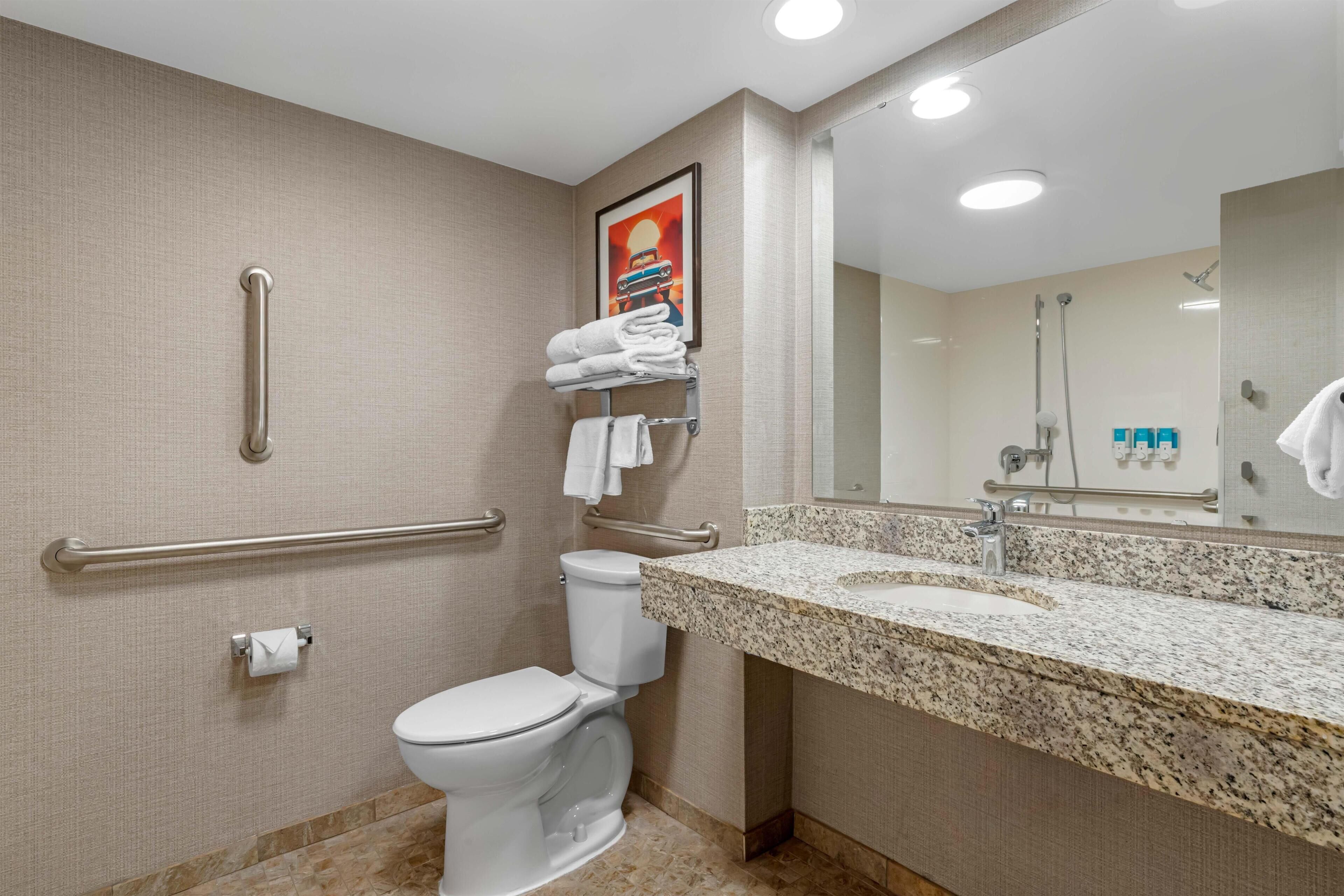 A bathroom with a toilet, handrails, a sink, and a mirror.