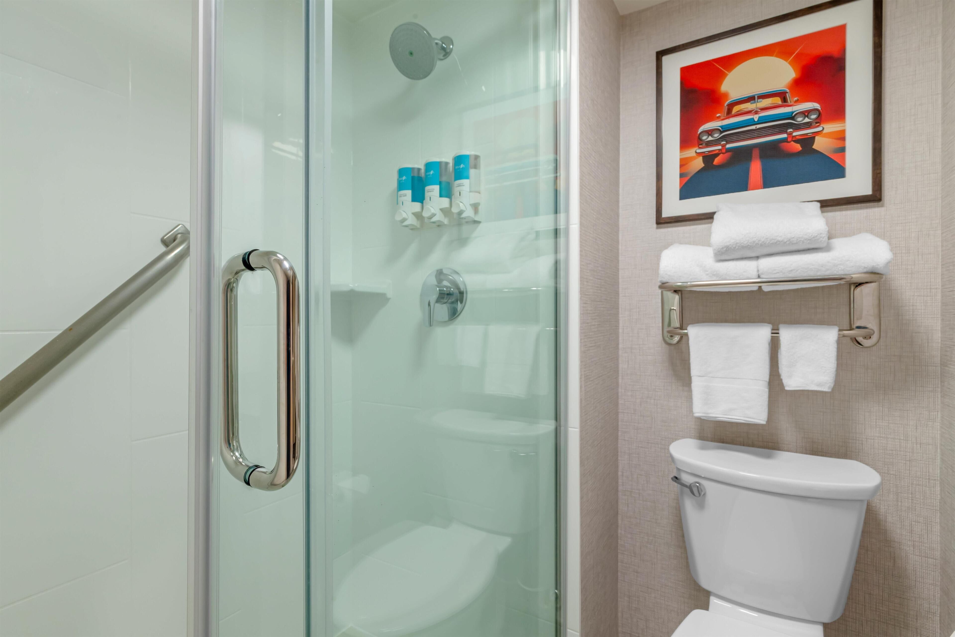 Combined shower/tub, free toiletries, hair dryer, towels