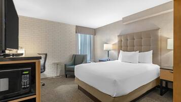 Desk, laptop workspace, blackout curtains, iron/ironing board