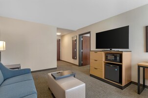 Habitación de hotel con sofá, una mesita, televisor, microondas y refrigerador.