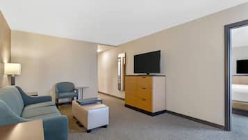 Desk, laptop workspace, blackout curtains, iron/ironing board