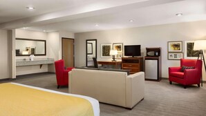 Una habitación de hotel con cama, escritorio, televisión, silla y sofá.