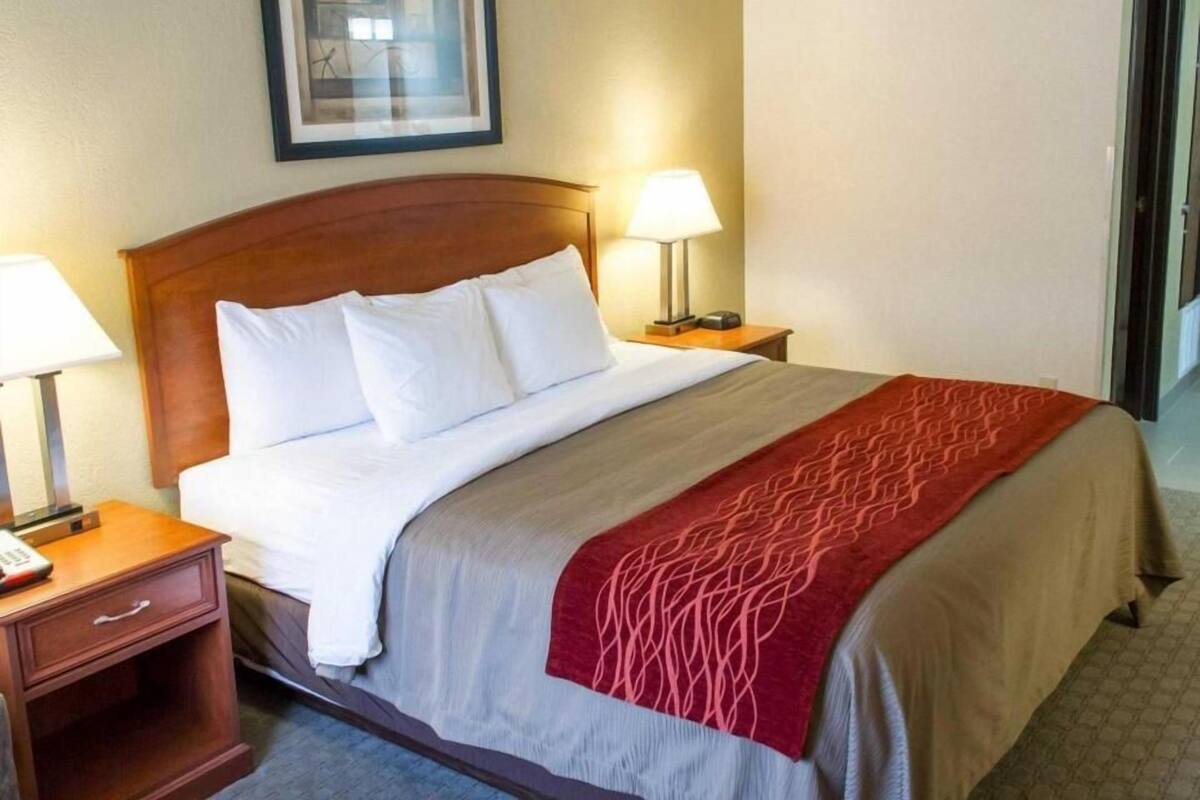 A hotel room with a bed, two bedside tables, a nightstand, a lamp, a framed picture on the wall, and a door.