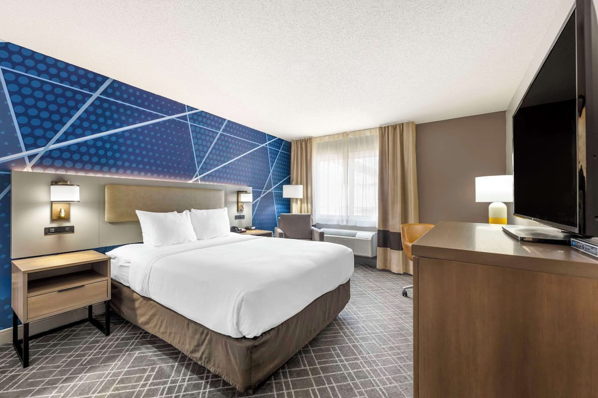 A hotel room with a large bed, a desk, a TV, and a wall with a geometric pattern.