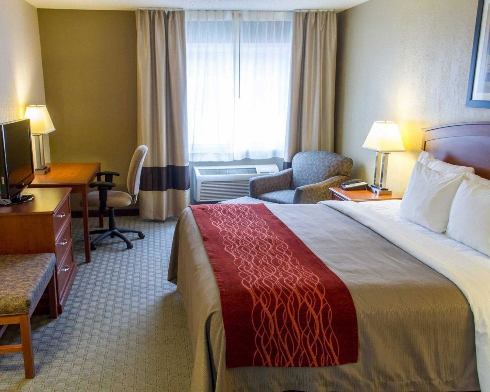 Premium bedding, desk, blackout curtains, iron/ironing board