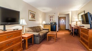 Habitación de hotel con televisión, sofá, escritorio y kitchenette.