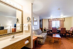 Desk, laptop workspace, blackout curtains, iron/ironing board