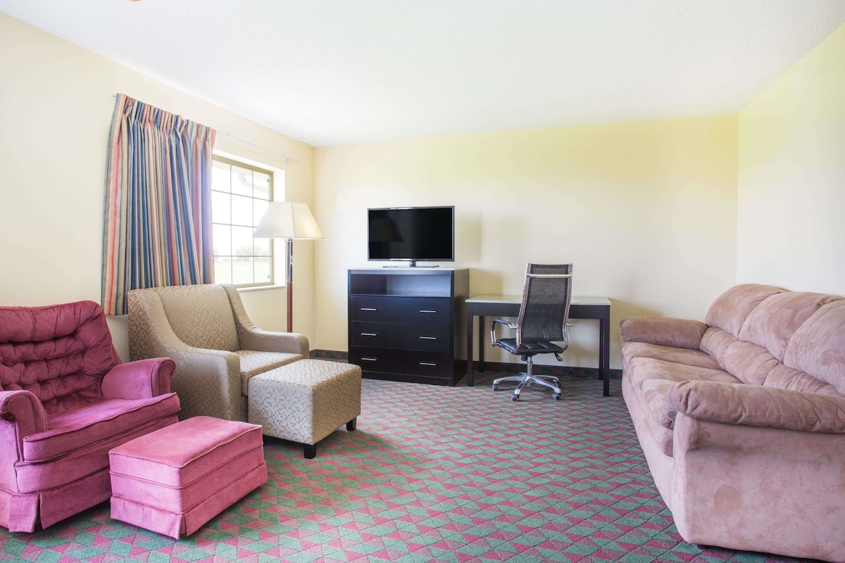 A hotel room with a TV, two sofas, a desk, and a patterned carpet.