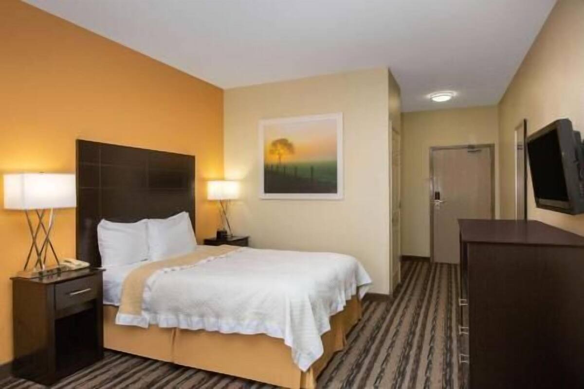 A hotel room with a bed, bedside lamps, a painting, a television, and a door.