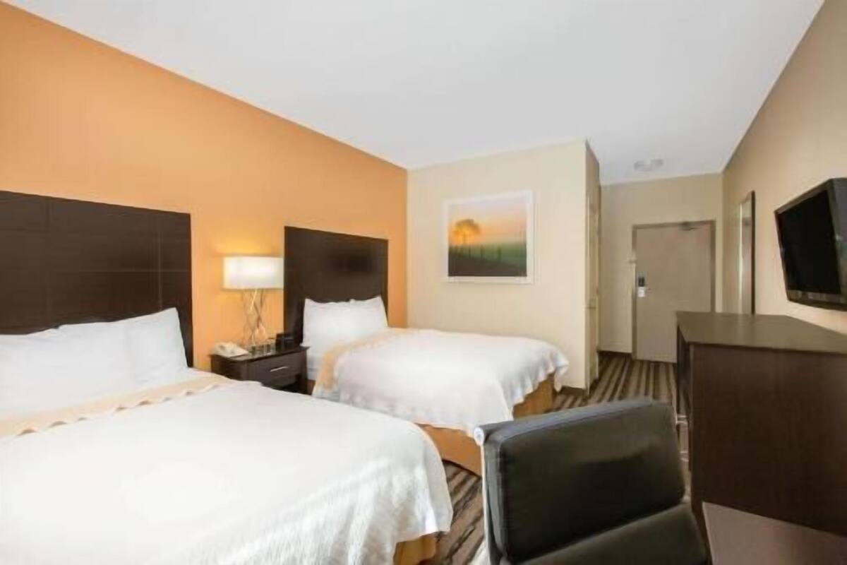 A hotel room with two beds, a desk, a chair, a TV, a painting, and a door.