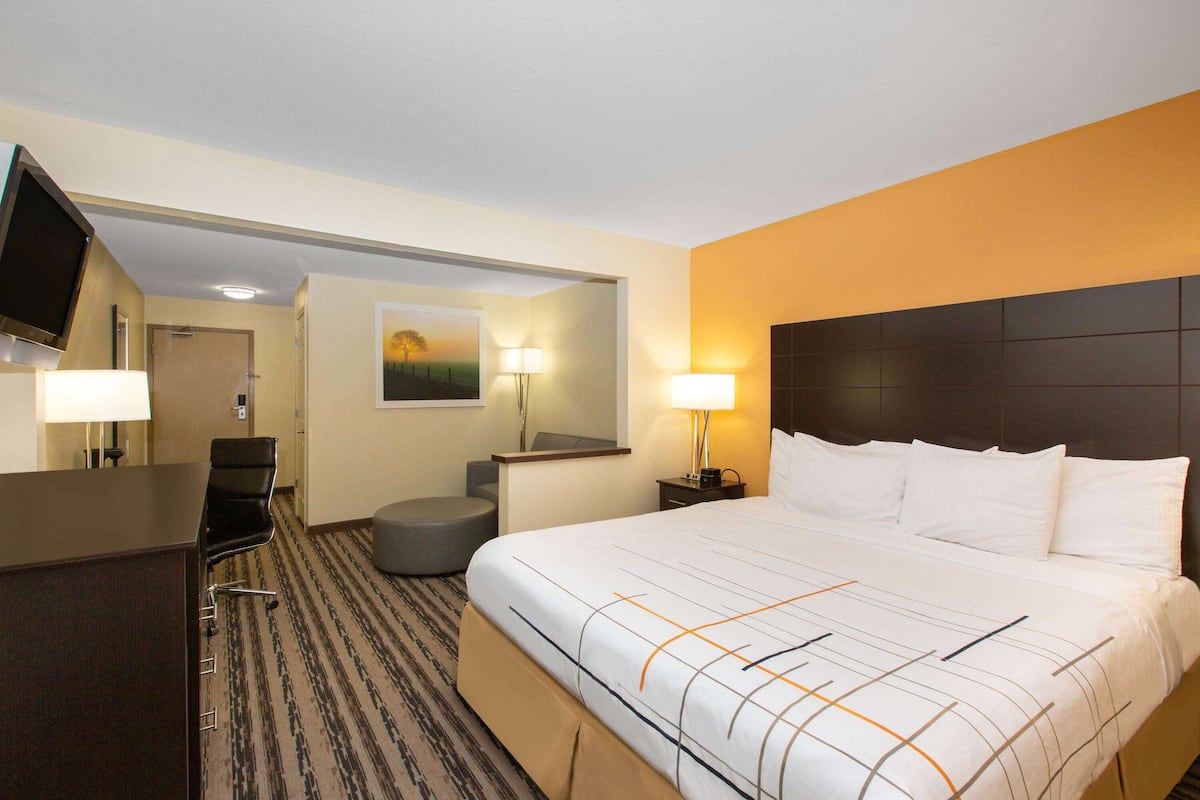 A hotel room with a large bed, a desk, a chair, a TV, and a painting on the wall.