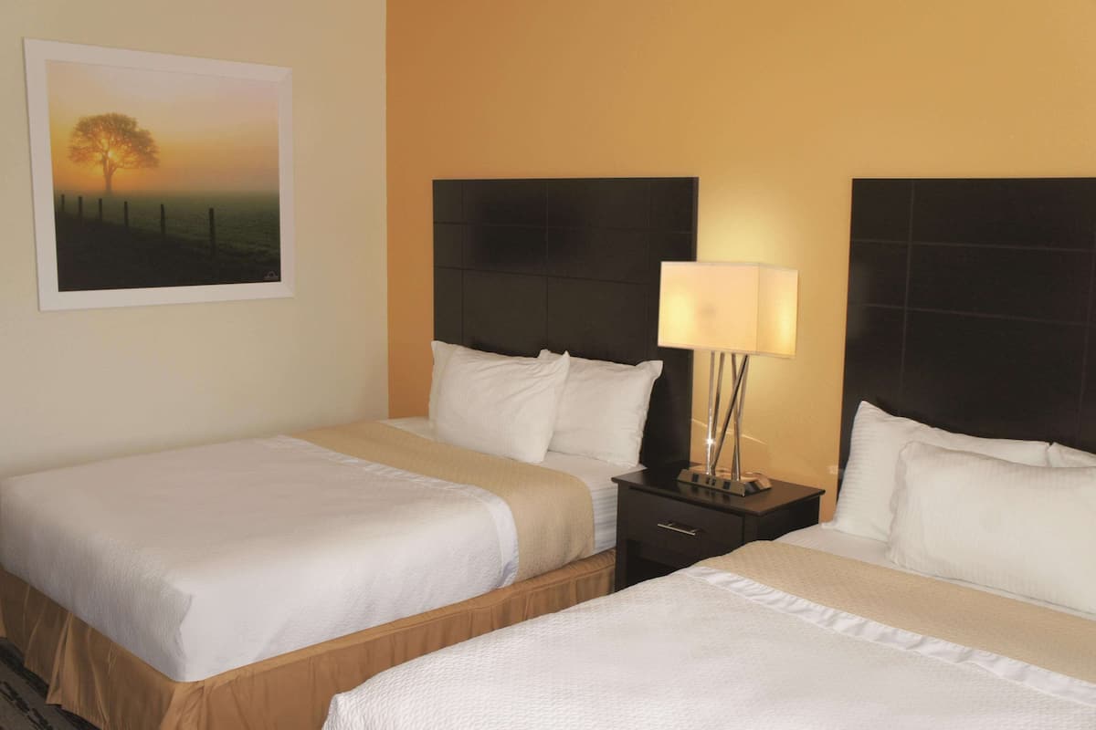 A hotel room with two beds, a nightstand with a lamp, and a framed picture on the wall.