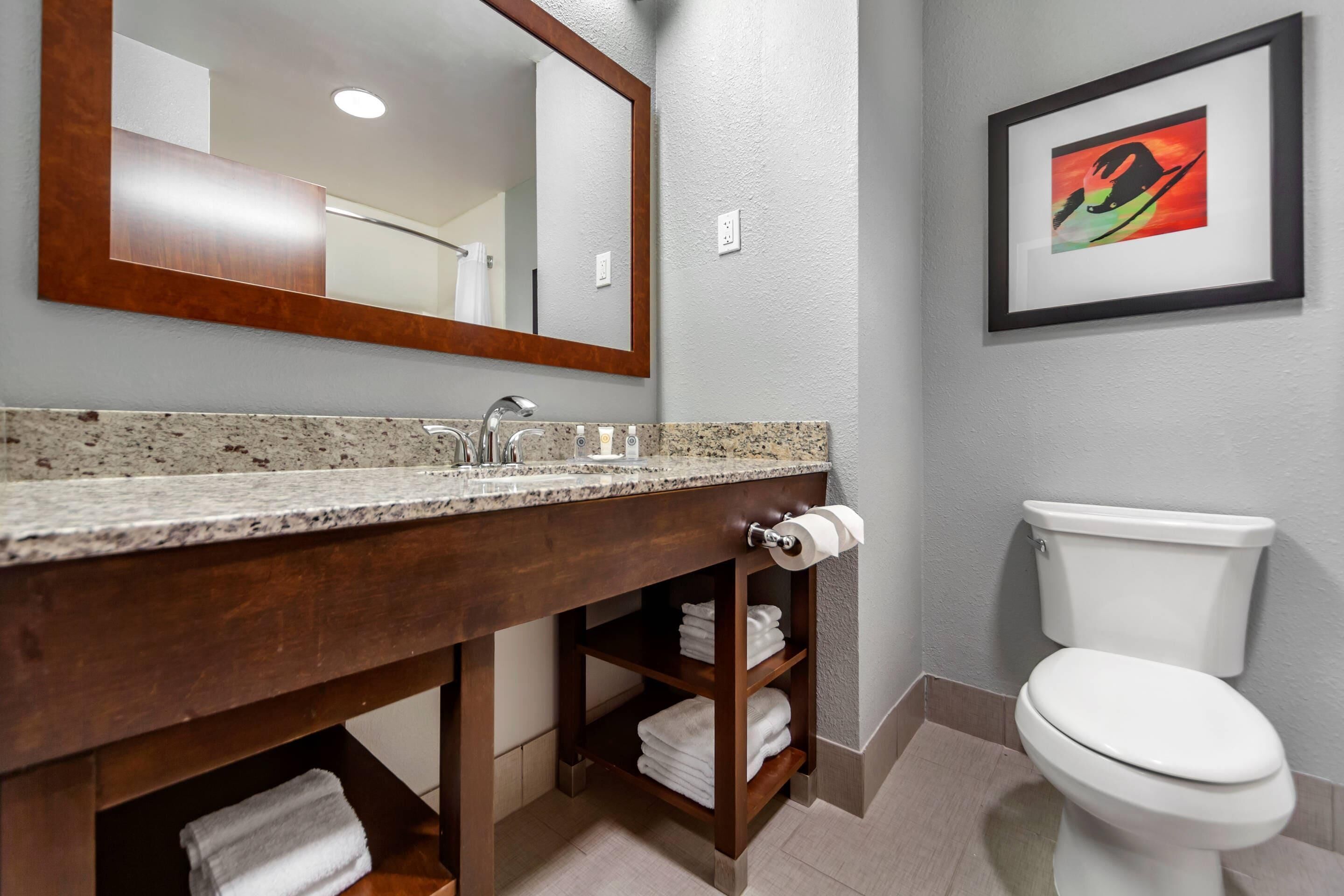 A bathroom with a granite countertop sink, a wooden vanity, a toilet, and a framed artwork on the wall.