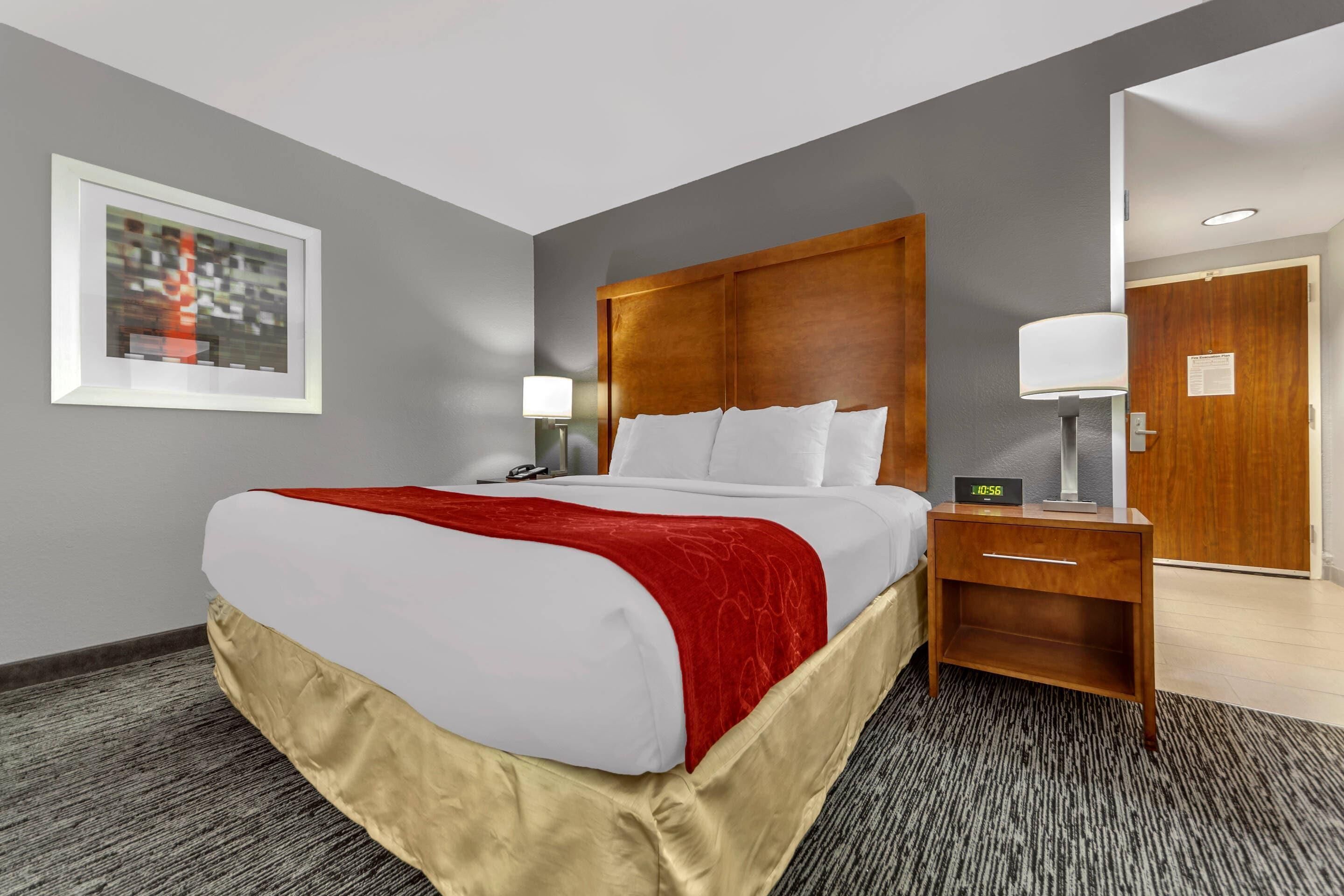 A hotel room with a large bed, a nightstand with a lamp, a framed picture on the wall, and a door to the right.