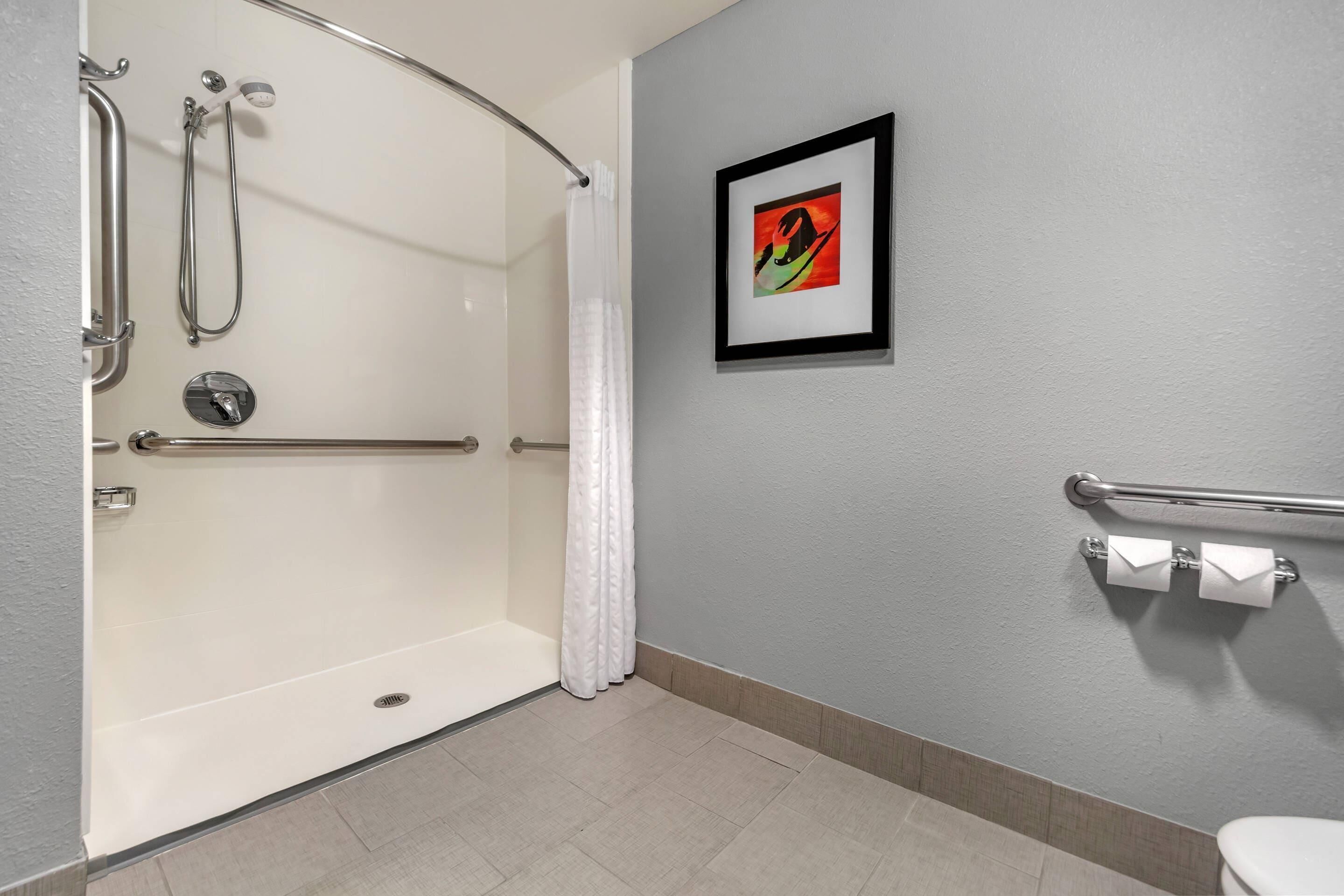 A bathroom with a walk-in shower, grab bars, a toilet, and a framed artwork on the wall.