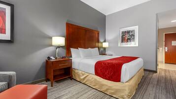 A hotel room with a bed, bedside tables, a nightstand, a chair, and a door.