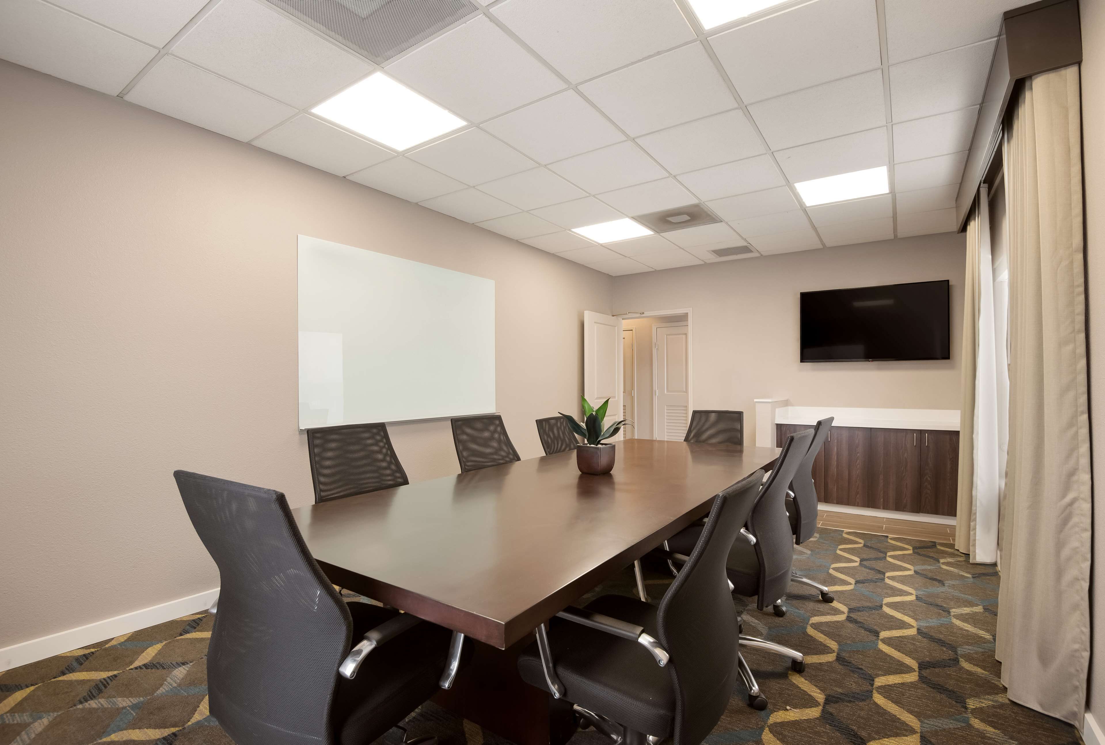 A conference room with a long table, chairs, a plant, a whiteboard, and a TV on the wall.
