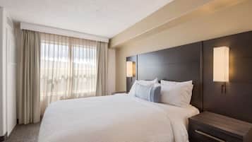 Down comforters, desk, laptop workspace, blackout drapes