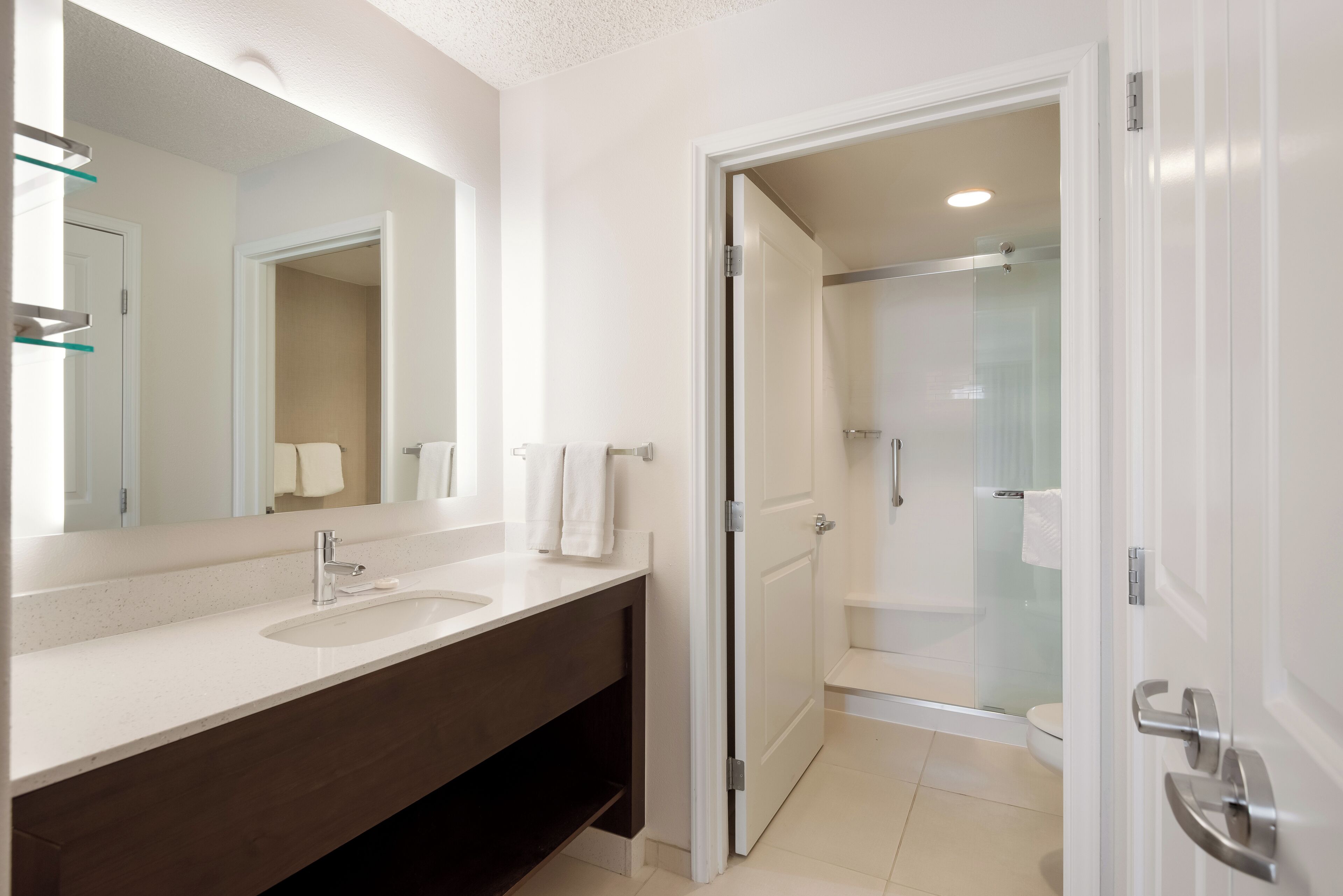 A modern bathroom with a white vanity, a large mirror, and a glass shower enclosure.