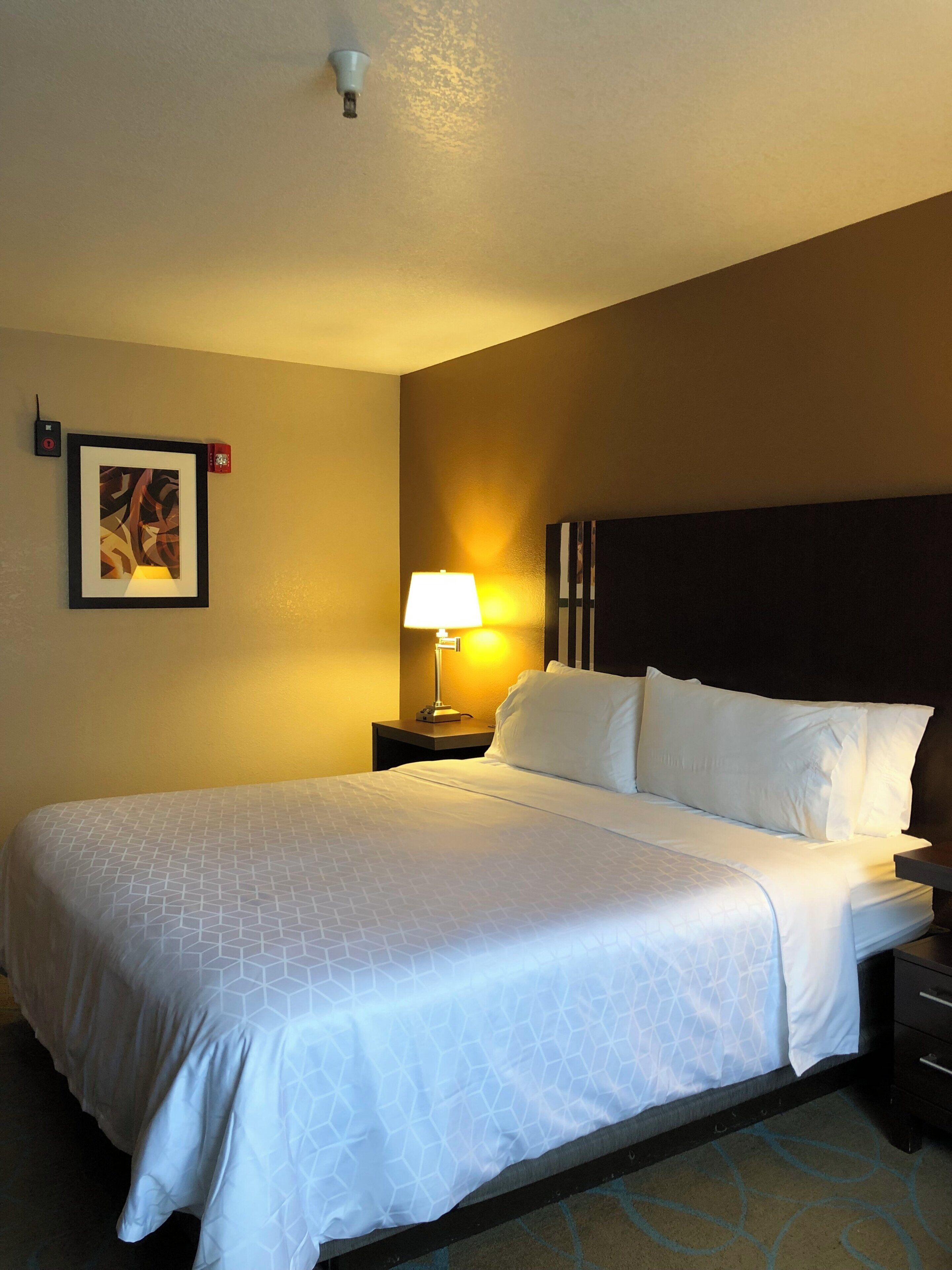 A hotel room with a large bed, a nightstand with a lamp, a framed picture on the wall, and a ceiling light.