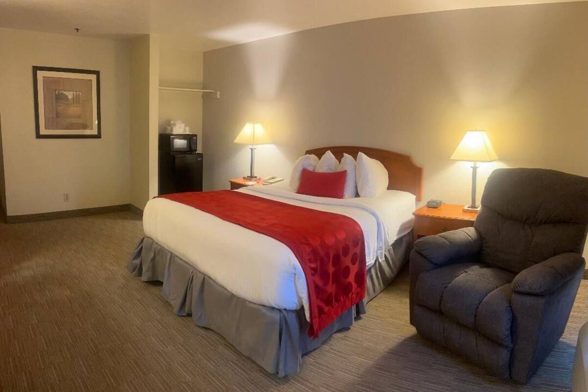Une chambre d’hôtel avec un lit, deux lampes de chevet, une chaise et un micro-ondes posé sur une petite table.
