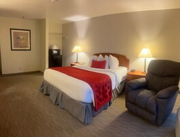 A hotel room with a bed, two bedside lamps, a chair, and a microwave on a small table.