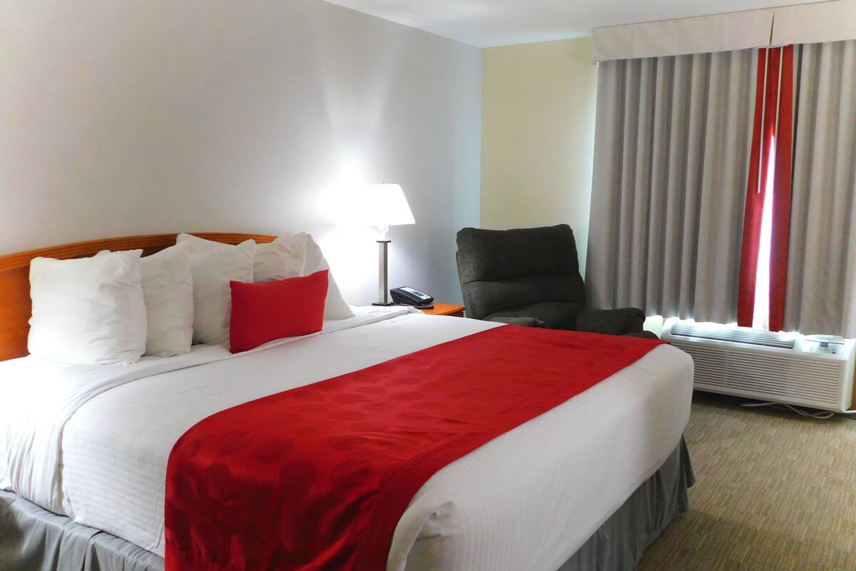 Une chambre d’hôtel avec un lit, une chaise, une lampe et une fenêtre avec des rideaux.