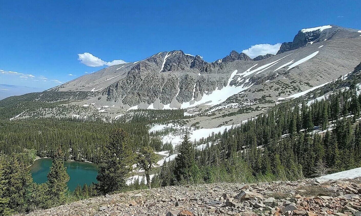Un paisaje montañoso con un lago, un bosque denso y terreno rocoso.