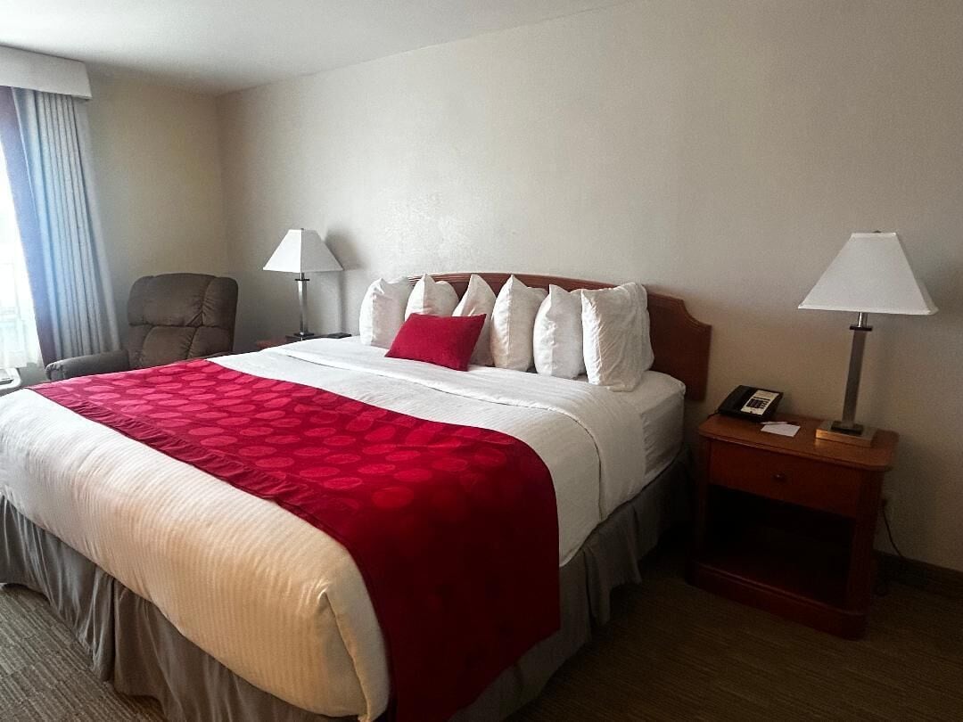 Een hotelkamer met een groot bed, twee nachtkastjes met lampen, een stoel en een raam met gordijnen.
