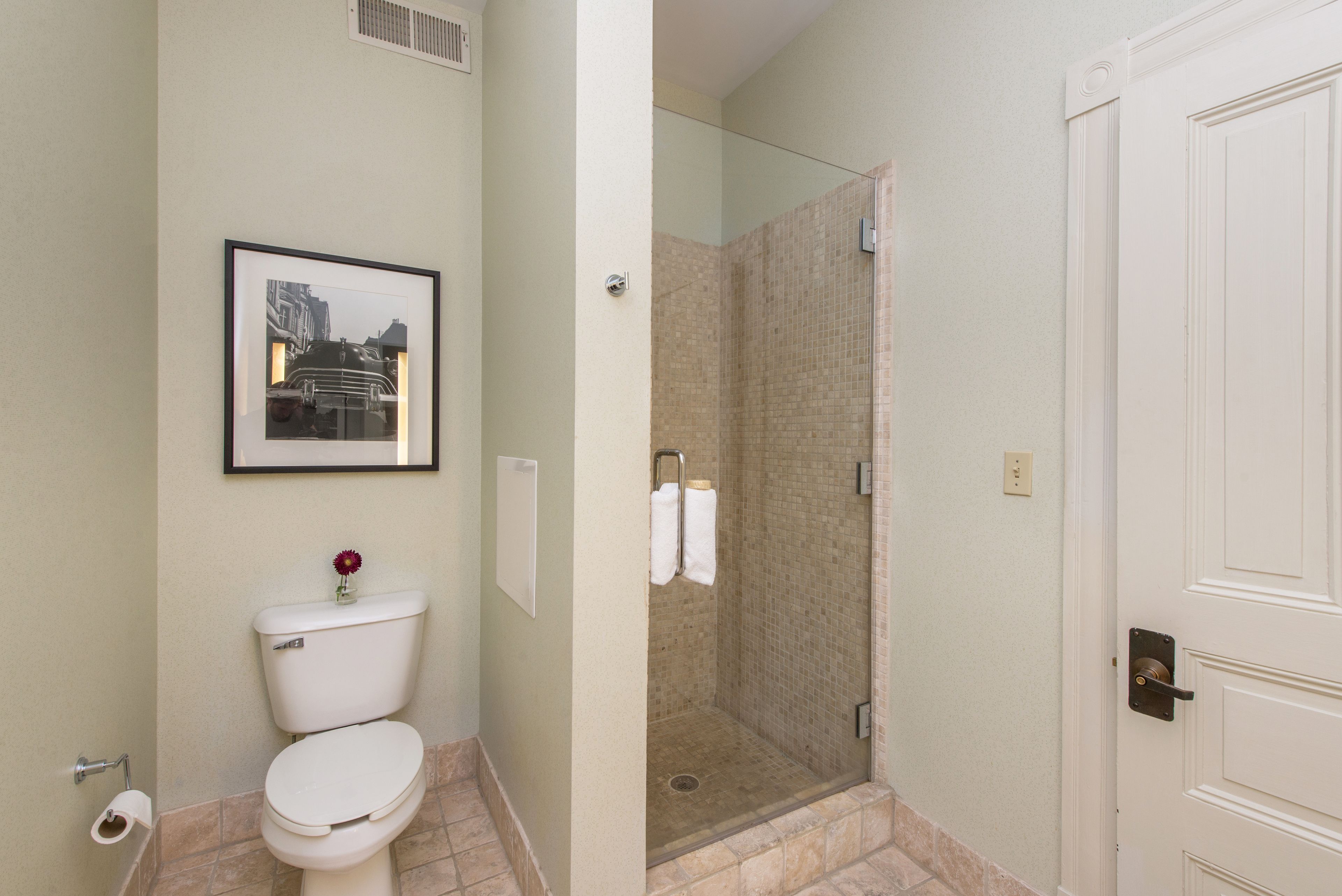 A bathroom with a toilet, a framed picture on the wall, a shower, and a door.