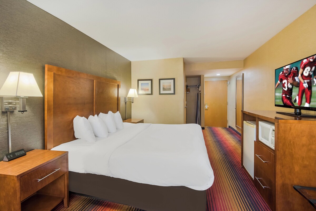 A hotel room with a large bed, bedside tables, a TV, and a microwave.