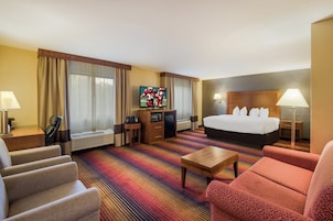 Habitación de hotel con cama, escritorio, sillón, sofá, televisión y lámpara.