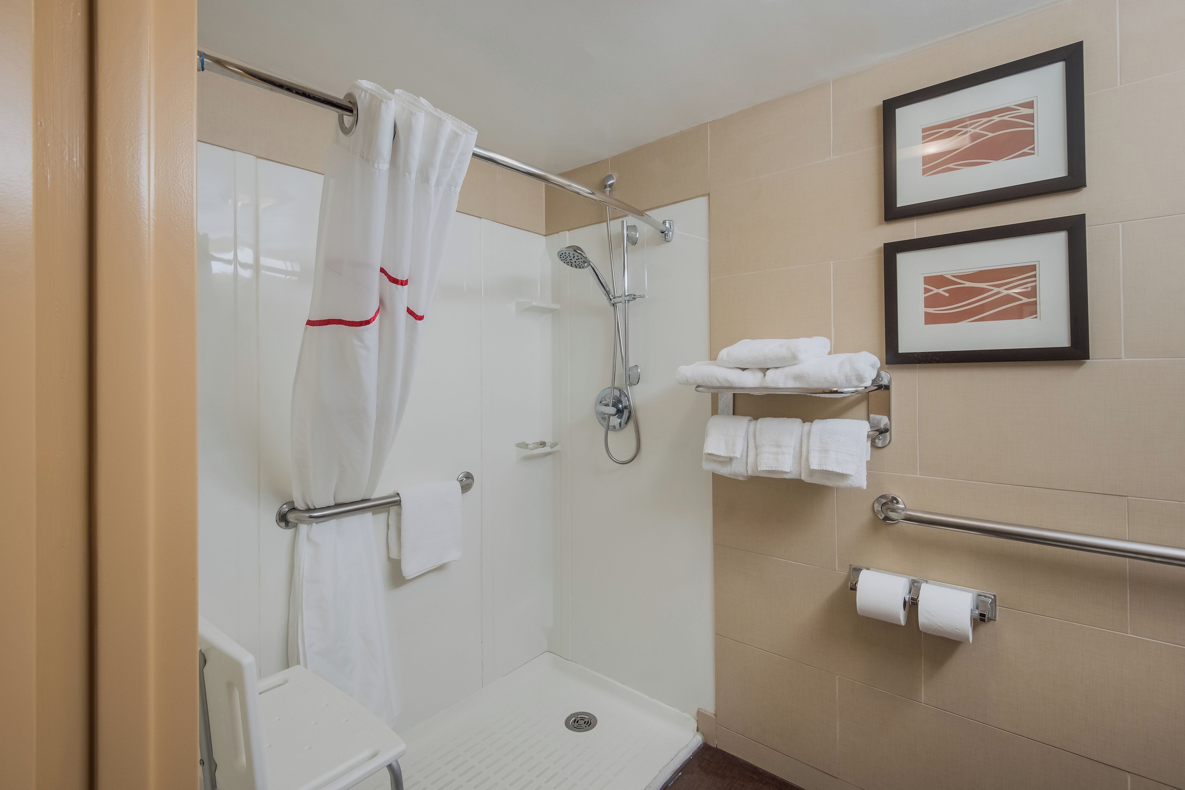 A shower area with a glass door, a towel rack, and two framed pictures on the wall.