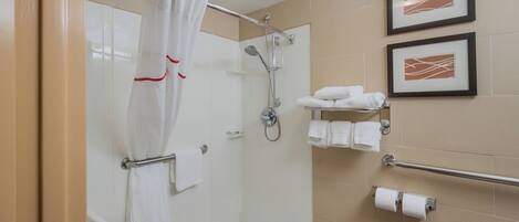 A shower area with a glass door, a towel rack, and two framed pictures on the wall.