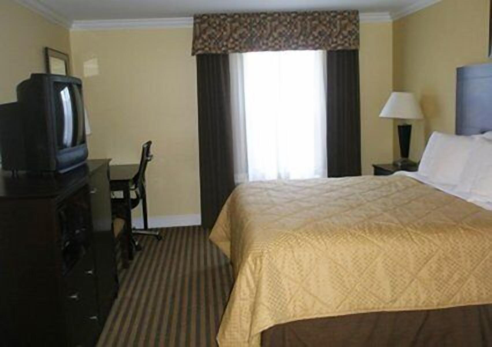 A hotel room with a bed, a television on a dresser, a desk, and a lamp.