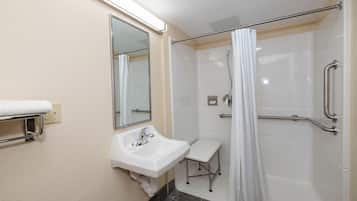 Shower, free toiletries, hair dryer, towels