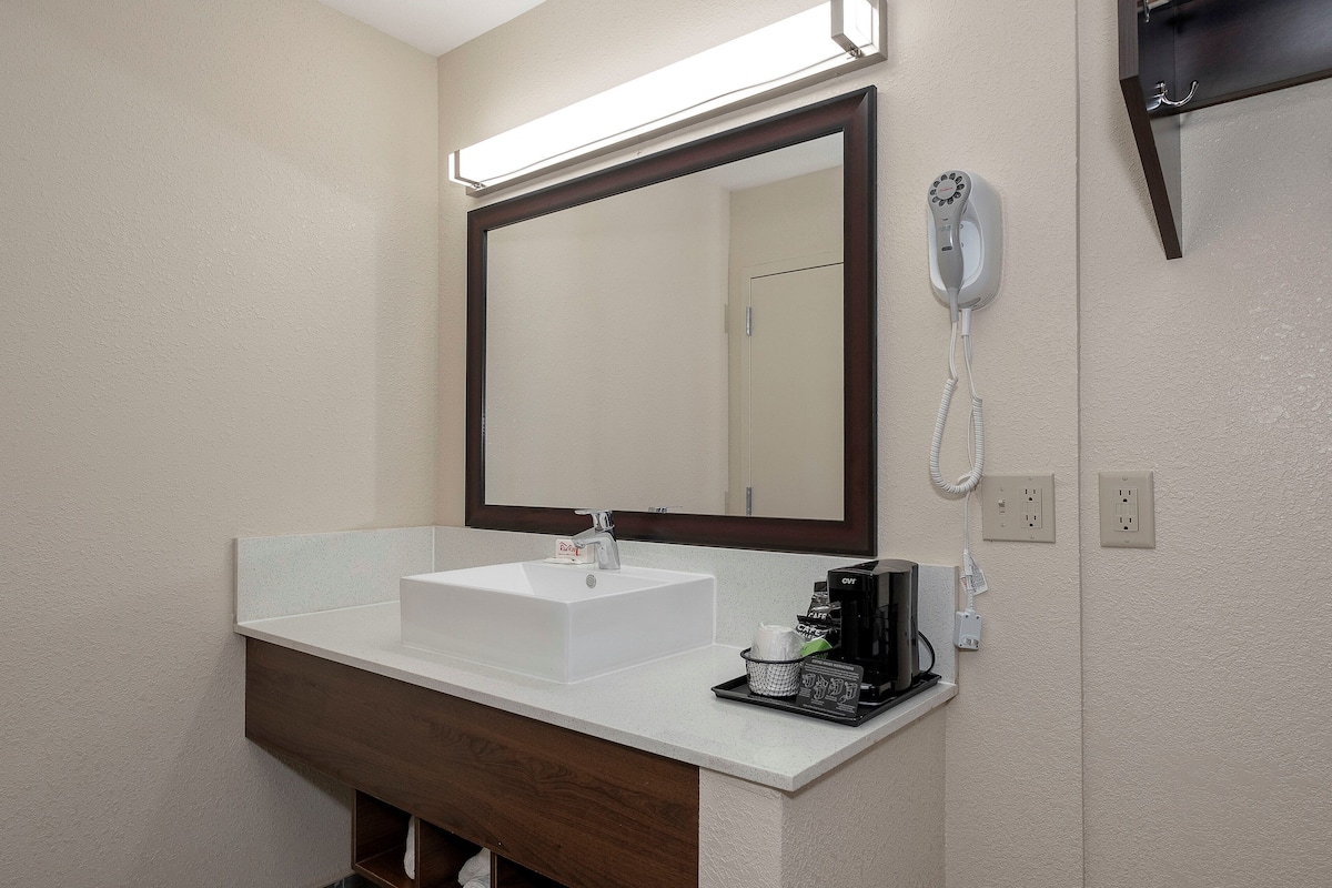 A bathroom with a white sink, a large mirror, a hairdryer, and a coffee maker on the counter.