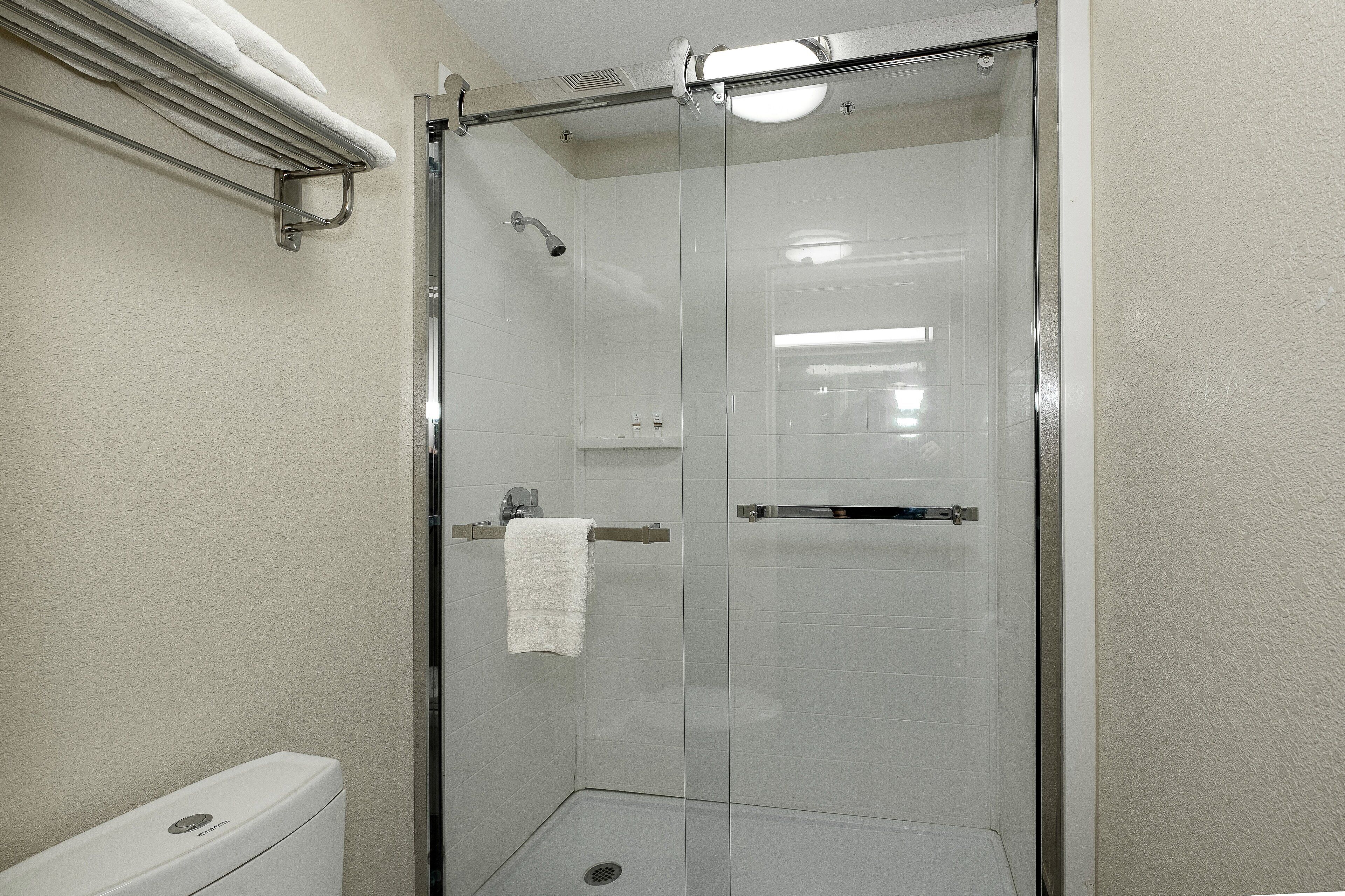 Shower, free toiletries, hair dryer, towels