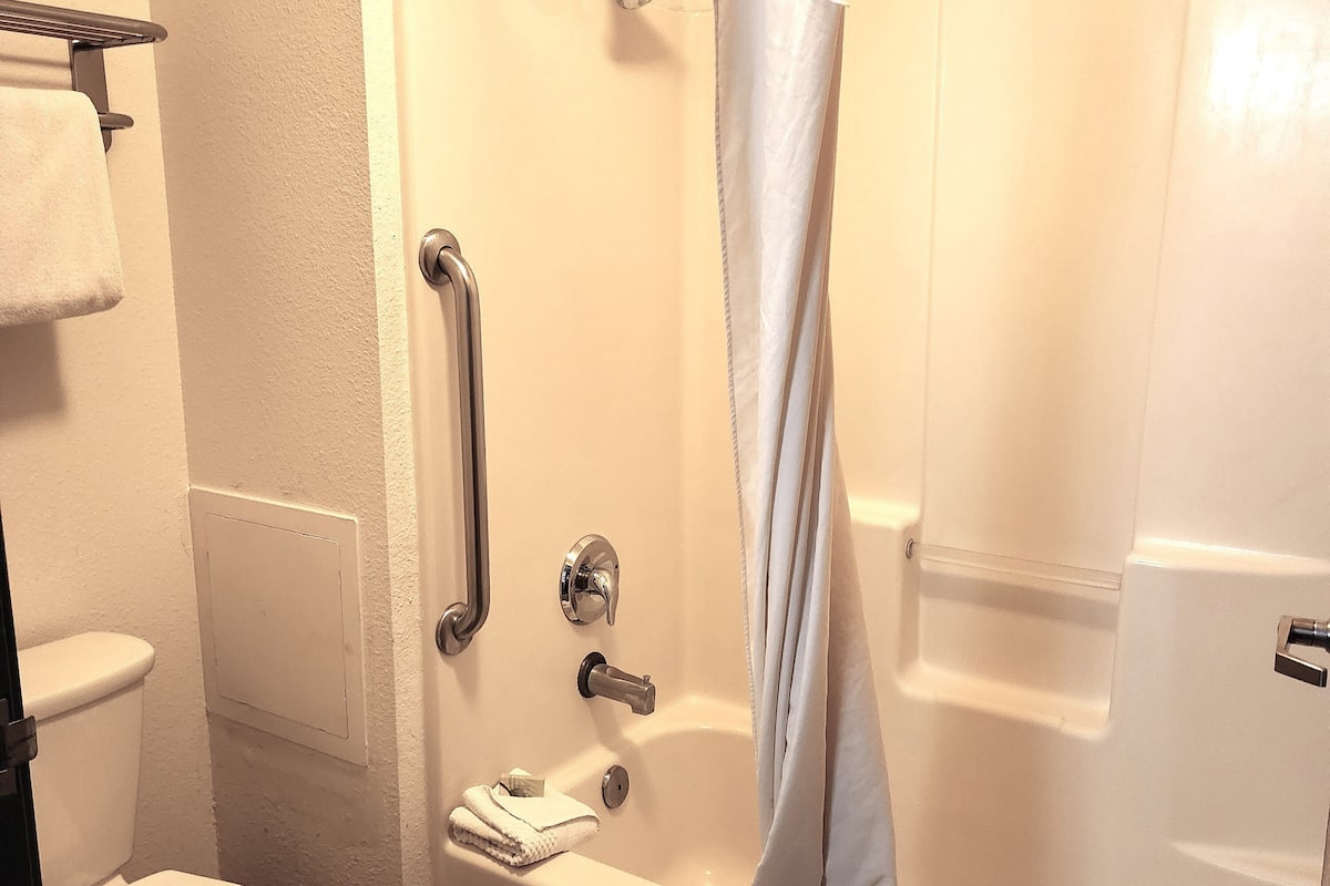 combined shower/bathtub, hair dryer, towels