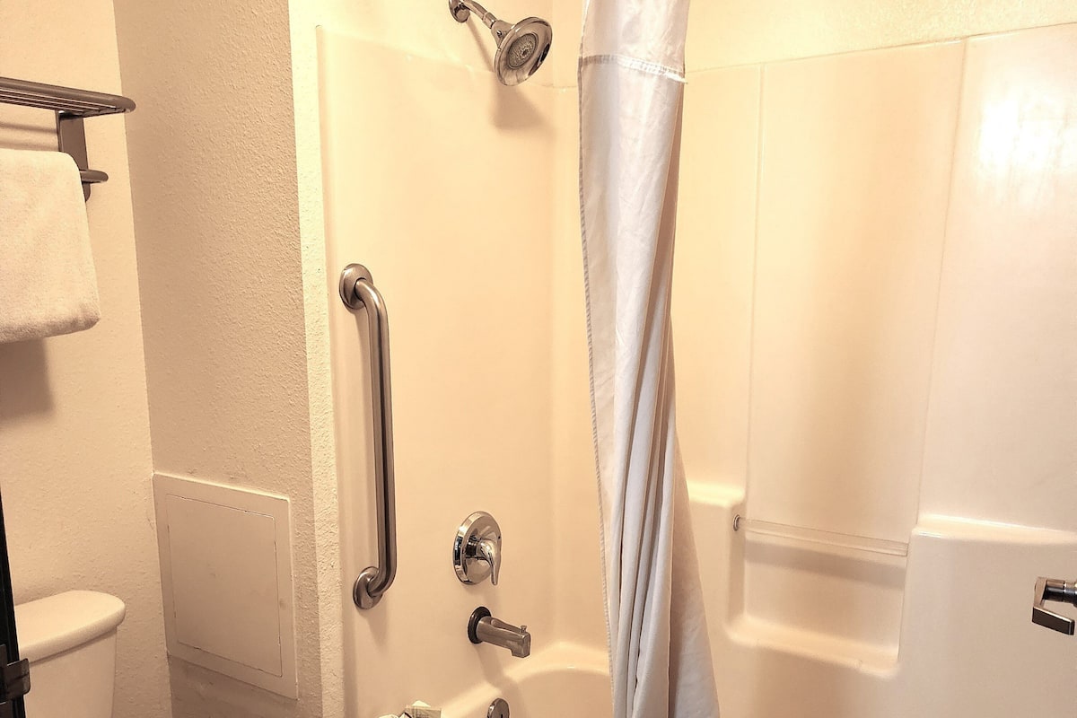 Combined shower/tub, hair dryer, towels