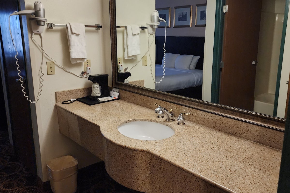combined shower/bathtub, hair dryer, towels