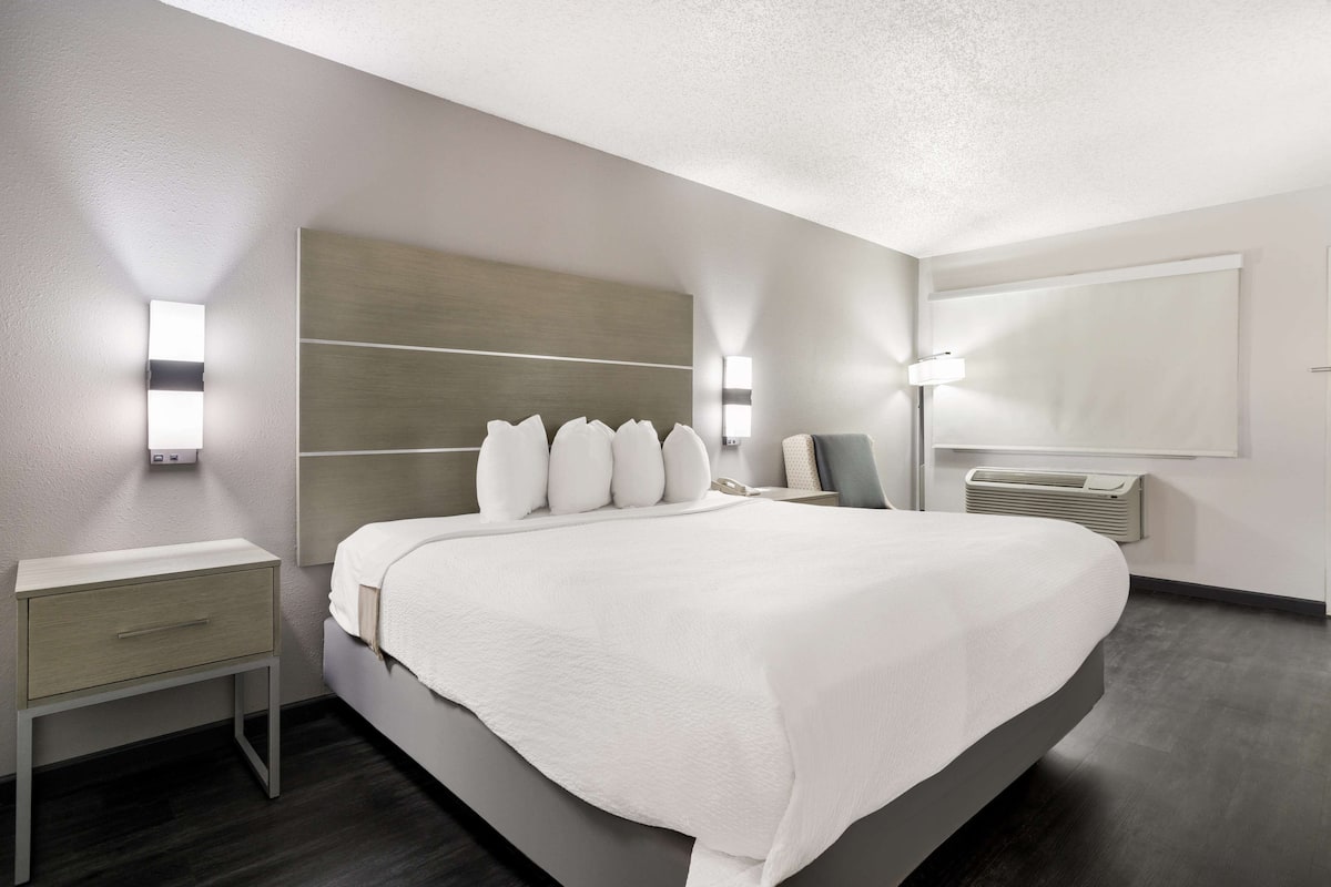 A modern hotel room with a large bed, bedside table, and a wall-mounted lamp.